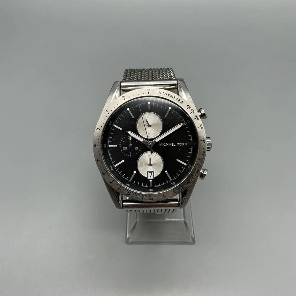 Michael Kors MK8838 Mens Watch 42mm Black Dial Silver Tone Chrono Date New Batt